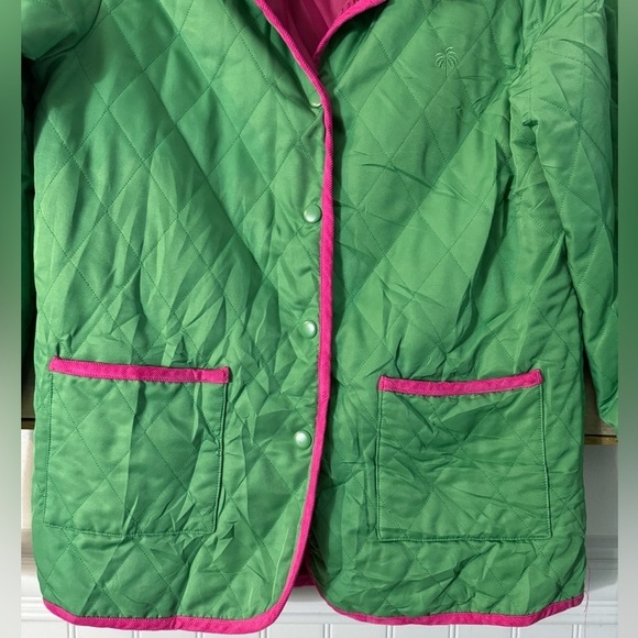LILY PULITZER Bright Green Quilted Barn Coat Pink Piping Girls Size 16 - Picture 6 of 6